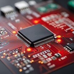 Square Macro Close‑Up of Red PCB with PCB Components and Sharp Traces