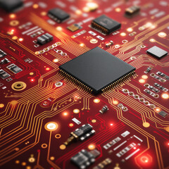 Square Macro Close‑Up of Red PCB with PCB Components and Sharp Traces