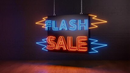 Dynamic neon sign flashes flash sale announcement with vibrant blue and orange lights against a