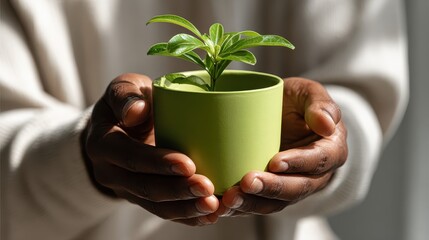 A person holding a small plant in their hands