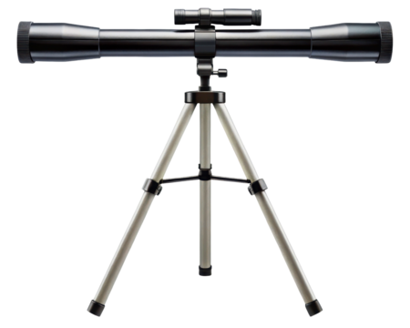 Black astronomy telescope with scope on a metal tripod stand on a transparent background