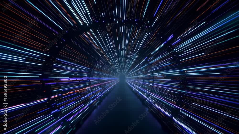 Poster abstract digital tunnel with glowing lines and looping light patterns in a futuristic environment