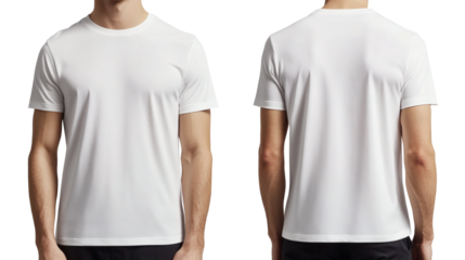 A man presents a plain white short sleeve tee shirt, showcasing both the front and the back views