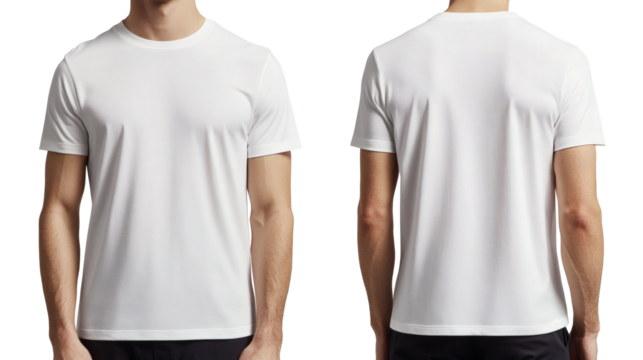 A man presents a plain white short sleeve tee shirt, showcasing both the front and the back views - Powered by Adobe