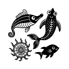 set of fish black and whate illustration