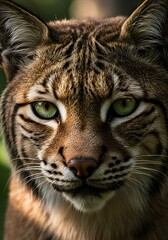 Fototapeta premium Intense Gaze A Close-Up Portrait of a Wild Bobcat with Piercing Green Eyes and Detailed Fur Markings, Capturing the Essence of Wilderness (High-Res)