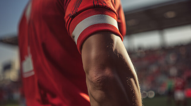 A soccer player wearing a red jersey and a captain armband stands proudly on the field, symbolizing leadership, strength, and team spirit in competitive football.
