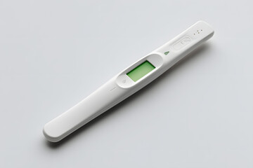 White digital thermometer isolated on white background with clear screen reading. Essential for measuring body temperature. Ideal for medical, home care, or pharmacy use.