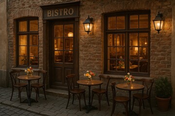 Fototapeta premium Charming European-style bistro with exposed brick facade and inviting window displays
