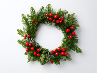 Wreath with red berries on white background. Festive and vibrant design with natural elements. Suits rustic or traditional branding.
