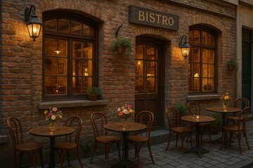 Fototapeta premium Charming European-style bistro with exposed brick facade and inviting window displays