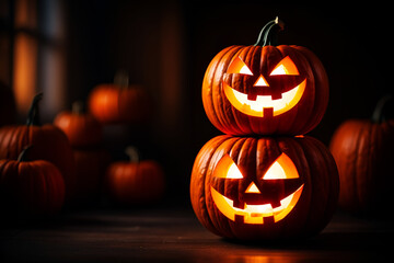 Obraz premium Glowing carved pumpkins stacked for Halloween celebration orange