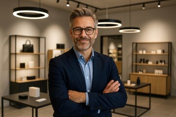 Fototapeta premium Confident Gen X entrepreneur in modern retail showroom surrounded by premium product displays