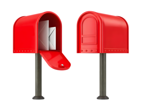 Red mailbox with letters inside and closed mailbox