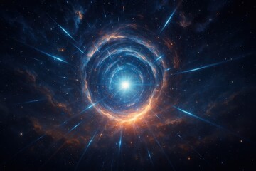 Fototapeta premium Cosmic wormhole tunnel with radiant energy streams and interstellar travel visualization