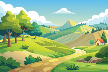 Obraz premium Vibrant rolling hills landscape with winding path and cozy cottage