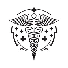 Caduceus medical symbol with winged snakes vector illustration on a white background, an iconic emblem of health and pharmacy