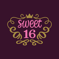 Pink and gold sweet 16 crown emblem on dark purple background sixteen birthday