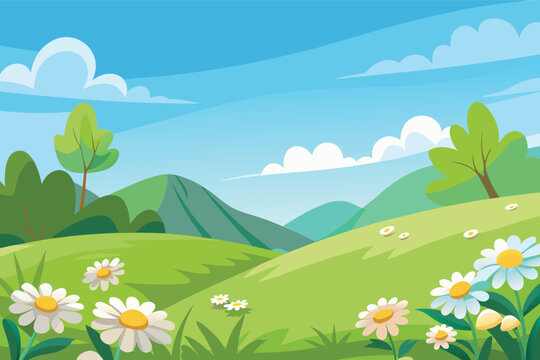 Vibrant spring meadow with daisies and rolling hills