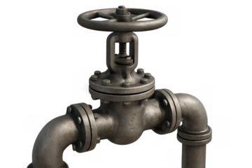 Metal industrial pipe valve with round wheel handle, isolated on transparent background, ready for compositing