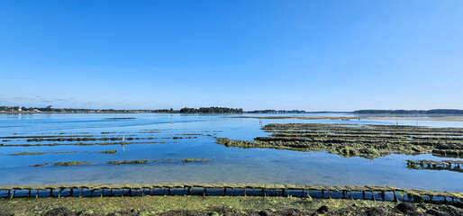 Parc à huîtres de Saint-Cado à marée basse sous ciel clair
