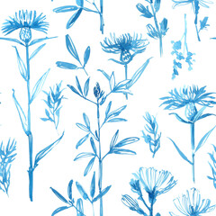 Seamless watercolor floral pattern in blue tones. Hand drawn line illustrations of wild herbs, flowers, and leaves with a watercolor effect. Perfect for textile design