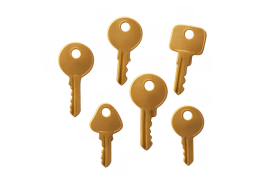 Golden keys with unique profiles cascading over transparent surface, symbolizing security, access, unlocking potential
