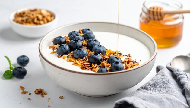 Delicious yogurt bowl topped with fresh blueberries, crunchy granola, and a drizzle of honey.