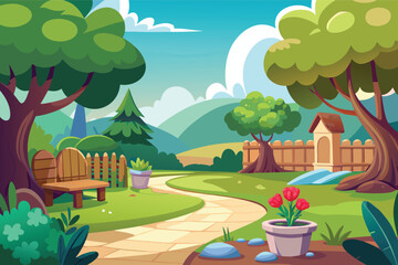 Obraz premium Vibrant cartoon garden path with blooming flowers and trees