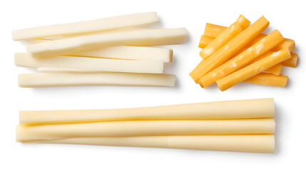 Various string cheese sticks on white background, arranged neatly. Simple, clean food concept representing National String Cheese Day and healthy snacking options.