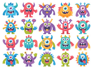 Joyful comic monster characters including devils, aliens, and cute creatures


