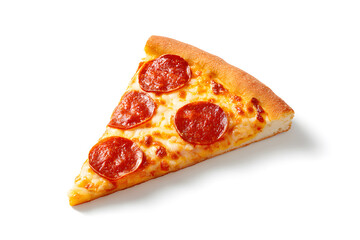 Slice of pepperoni pizza isolated on white. Tasty fast food concept for menu design, delivery services, and snack visuals.