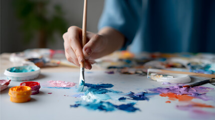 Artistic hand painting on canvas with vibrant abstract colors. Emotional expression through blue strokes and splashes. Perfect for creativity, therapy, and imagination concepts.