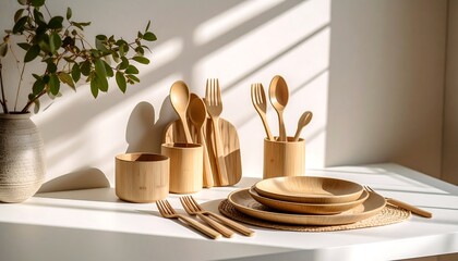 Arrangement of Wooden Tableware with Plant Decor in Sunlight