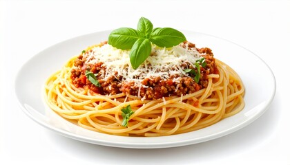 Delicious spaghetti bolognese topped with grated cheese and fresh basil leaves served on a white plate