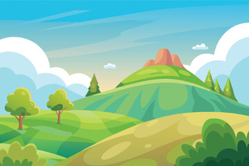 Vibrant cartoon landscape with rolling hills and mountain peak