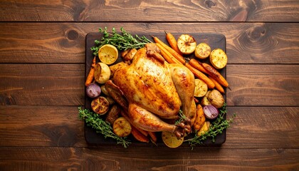 Golden roasted chicken with carrots, potatoes, lemons, and herbs on a wooden board