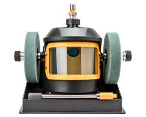 Electric grinding machine with protective visor and two wheels on a transparent background