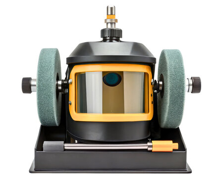 Electric grinding machine with protective visor and two wheels on a transparent background