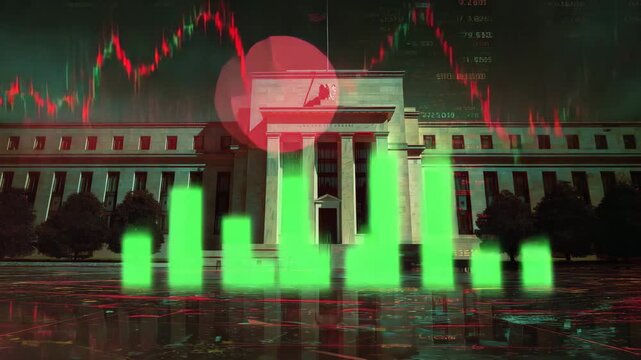 Red arrow pointing down over green bar graph and financial building, showing stock market crash, economic losses, and failing financial performance visuals