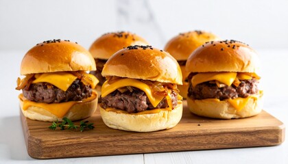 Delicious gourmet cheeseburgers with grilled onions and sesame seeds on a wooden board