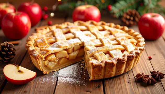 Delicious homemade apple pie with lattice crust dusted with powdered sugar on a rustic wooden table
