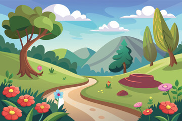 Fototapeta premium Vibrant spring landscape with winding path and blooming flowers