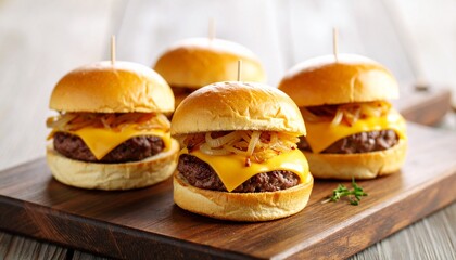 Four delicious cheeseburger sliders with caramelized onions on a wooden board, ready to serve.