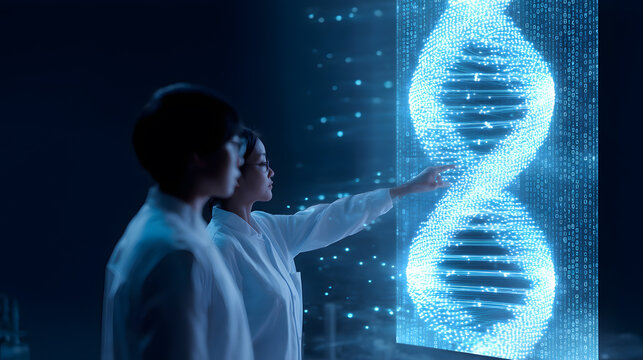 Team of scientists in futuristic lab analyzing holographic DNA model. Ideal for genetics, biotech, or medical research visuals. High-tech and professional concept.