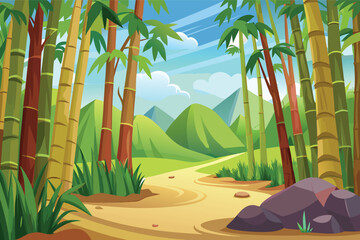 Naklejka premium Vibrant bamboo forest path with rolling hills