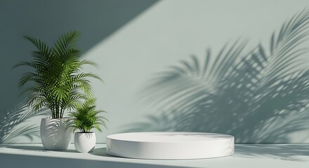 A white podium with tropical plants and shadows for product display