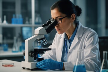 Medical researcher conducting advanced cellular analysis with high-resolution microscopy equipment