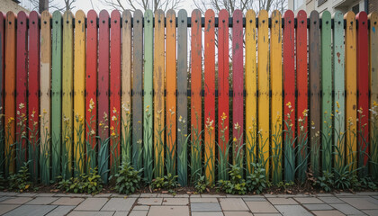 Colorful wooden fence with vibrant flowers and greenery in a landscaped area