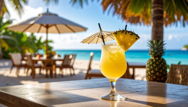 Refreshing tropical cocktail with pineapple garnish on a beach bar table overlooking turquoise ocean waters